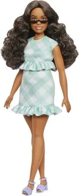 Image de Poupée Barbie Fashionistas, Robe Vert Menthe à Volants, Lunettes de Soleil, Sandales Violettes, 12.8 cm