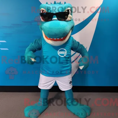 Produktbild von Maskottchen REDBROKOLY eines türkisfarbenen Krokodils mit Laufshorts und Sonnenbrille