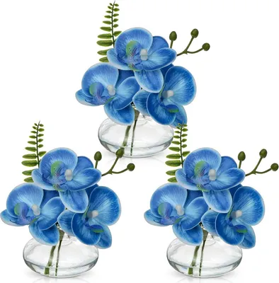 Immagine prodotto di set di 3 orchidee artificiali fiori artificiali in vaso di vetro blu