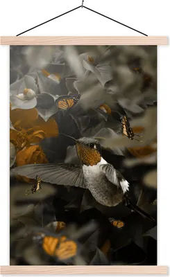 Produktbild von MuchoWow® Textilposter Vogel - Kolibri - Gold 120x180 cm mit holzfarbenen Rahmen - Textil-Plakat
