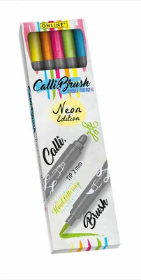 Produktbild von ONLINE Calli.Brush Neon Edition - Pinselstift mit Doppelspitze - nicht dauerhaft - Hellblau, Fluo Yellow, Fluo Pink, Fluo Green, Fluo Orange - wasserbasierte Tinte - 2 mm (Packung mit 5)