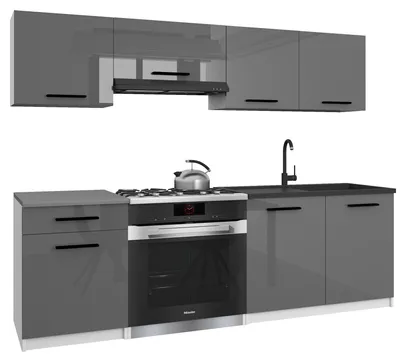 Image de Belini - Coin cuisine moderne ITALIA 1 - Meubles de cuisine 180 cm gris brillant - Cuisine équipée avec éléments hauts, éléments bas et plans de travail