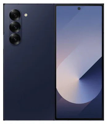 A navy blue Samsung Galaxy Z Fold6 smartphone is shown unfolded, displaying its screen with a wallpaper.