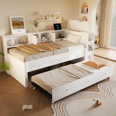 Image de Lit de jour Flieks, 90 x 200 cm, avec lit tiroir, canapé-lit avec port USB et tiroirs, lit en bois avec espace de rangement, blanc, MDF et pin