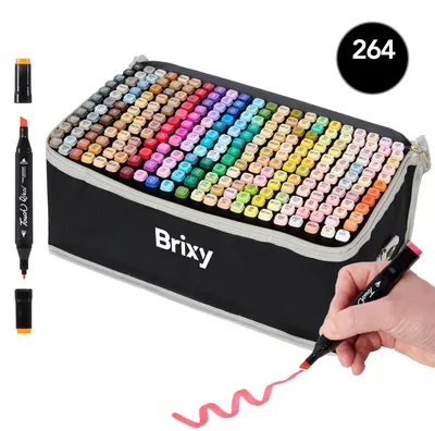 Produktbild von Brixy Twinmarkers 264 Stück - Professionelle Alkoholmarker - Doppelseitige Spitze - Marker - Aufbewahrungstasche mit Halterung