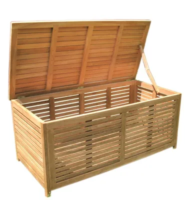 A wooden garden storage box with its lid open, shown against a white background.