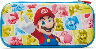 A collage of Nintendo characters on a blue and white zippered case.