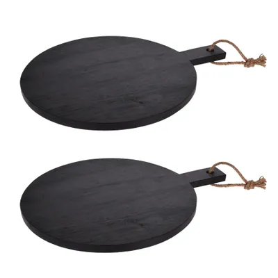 Produktbild von 2er Set Schneidebrett Schwarz mit Griff Rund Ø 40 cm aus Gummibaumholz Servierbrett Holz Pizzabrett Holzbrett