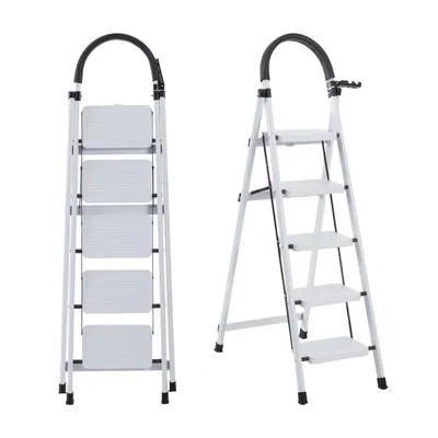 Immagine prodotto di SevenComfort Scala a gradini 5 gradini Scala pieghevole fino a 150 kg Chiusura di sicurezza Impugnatura antiscivolo Scala domestica ARK01 Bianco