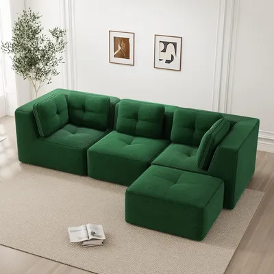 Produktbild von STILVORA Rahmenloses L-förmiges Ecksofa mit Ottomane, Loungesofa mit flexiblem Kombinationsdesign, Dreisitzer-Cordsofa ohne Aufbau mit tiefer Sitzfläche, Grün