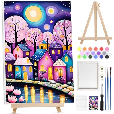 Immagine prodotto di Kit per dipingere per adulti, con cornice e cavalletto, soggetto: paesaggio con castello, tela 20x30 cm