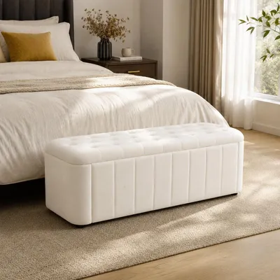 Productafbeelding van Fluwelen bank met opbergruimte, 132x47x44 cm, beige. Beklede bank/zithoek