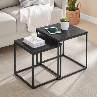 Produktbild von Couchtisch 2er Set Quadratisch Beistelltisch Loft Design 2 in 1 Verschachtelung kratzfeste Oberfläche, Wohnzimmer | Zement-Grau mit schwarzen Beinen