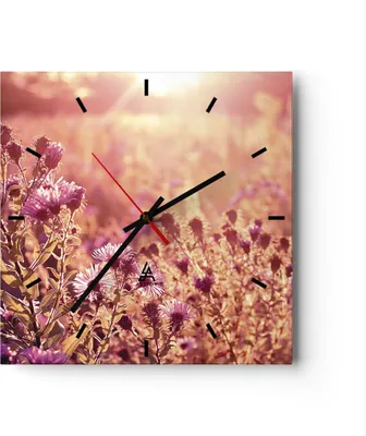 Produktbild von Wanduhr - Quadrat - Glasuhr - Wiese Blumen Sonne - 40x40cm - Schleichendes Uhrwerk - Lautlos - zum Aufhängen bereit - Dekoration Modern - Wanddekoration aus Glas - C3AC40x40-4819