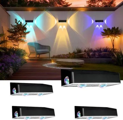 Produktbild von Solarleuchten für Zäune – 4 Stück Gartenwandleuchten, IP65 wasserdicht – 11 Beleuchtungsmodi – 9 RGB-Farben – Außenbeleuchtung für Garten, Terrasse