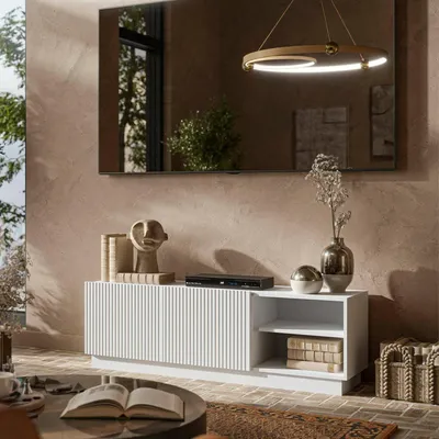 Image de Finita - Meuble TV, 150x40x48h cm Blanc, 3 Étagères