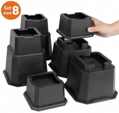 Zdjęcie produktu dla Podwyższenia do mebli JustValue – zestaw 8 sztuk – kółka – 5–15,2 cm – 2721 kg – czarne