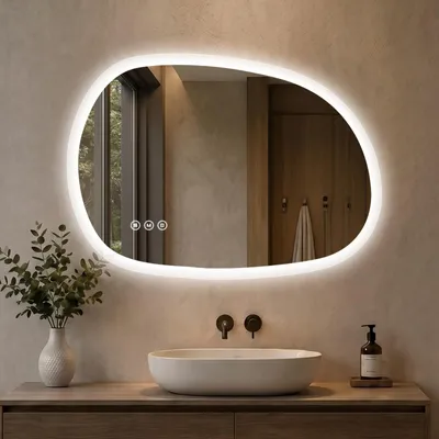Produktbild von S'AFIELINA LED Badspiegel 50x70 cm asymmetrisch, rahmenlos, dimmbar, 3 Lichtfarben, Anti-Beschlag, Memory-Funktion, Wandspiegel Bad