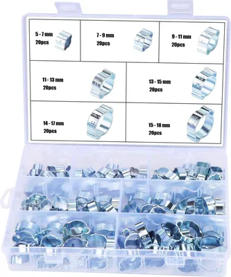 Produktbild von 140-teiliges Schlauchzangen-Set aus rostfreiem Edelstahl 304 mit 7 verschiedenen Größen (5–7 mm bis 15–18 mm) und einem maximalen Öffnungsbereich von 7–20 mm. Die hochpräzisen, einseitigen Schlauchzangen überzeugen durch glatt polierte Kanten, cochleäre Spannkonstruktion und ein schmales Banddesign für konzentrierten Dichtungsdruck – ohne Schlauchbeschädigung. Ideal zum Abdichten und Befestigen von Schläuchen, Rohren, Kabeln und Kraftstoffleitungen in Automobil-, Industrie-, Schiffs- und Hausbau-Anwendungen