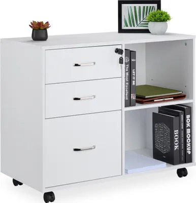 Produktbild von Relaxdays Rollcontainer, 3 Schubladen, 2 Fächer, Hängeregister, HxBxT: 66x80x40 cm, abschließbarer Aktenschrank, weiß