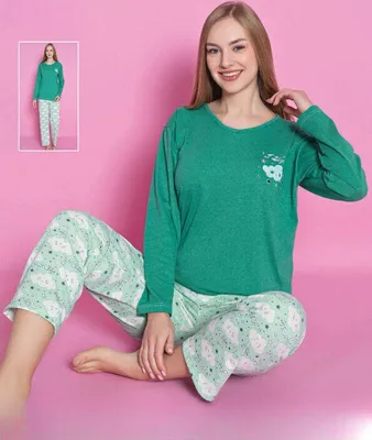 Produktbild von Damen Pyjama Schlafanzug Grün XXL Lang 2-Teiler Set S-62