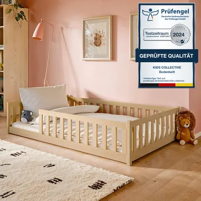 Produktbild von Kinderbett Bodenbett 120x200 cm Bett mit Rausfallschutz & Lattenrost Montessori Bett Kinder Jugendbett | natur Kiefer Holz massiv Junge Mädchen