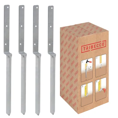 Four L-shaped metal ground spikes and a cardboard box with product instructions.
