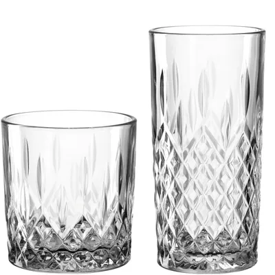 Two clear glasses with diamond-cut patterns are shown against a white background.