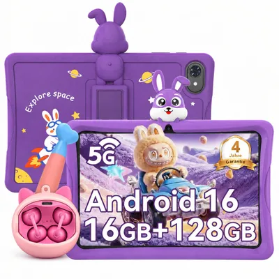 Immagine prodotto di Kingrid-Tabwee, confezione per bambini: cuffie per bambini + tablet per bambini K10, 4GB+128GB, tablet Android 16 con Wi-Fi, progettato per bambini, con custodia e penna inclusi, batteria da 5000mAh