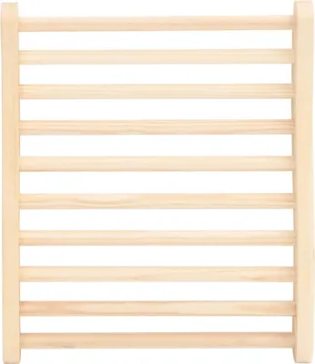 A close-up, straight-on view of a wooden sauna backrest with multiple horizontal slats.