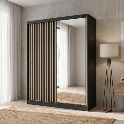 Produktbild von BEAUTYSOFA | Kleiderschrank DONATELLO 160 cm Schwarz/Artisan mit Spiegel und Lamellen Schwebetürenschrank modern