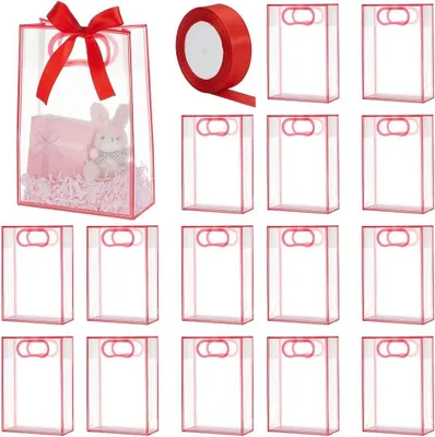 Produktbild von Geschenktüten, 15 Stück - Transparente Tüten - Wiederverwendbare Plastiktüten - Mit Tragegriffen - Für Partys - Abmessungen: 18 x 8 x 26 cm - Geschenktüten