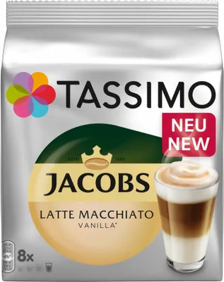 Produktbild von Tassimo Latte Macchiato Vanilla, Kaffee, Vanille Milchkaffee Kaffeekapsel, gemahlener Röstkaffee, 80 T-Discs / 40 Portionen