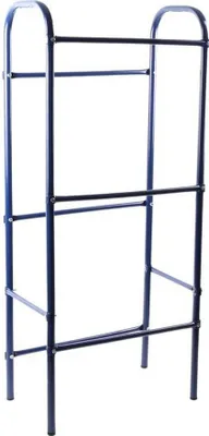 A dark blue metal rack for holding beverage crates.
