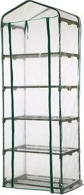 A tall, narrow greenhouse with five shelves, covered in clear plastic.