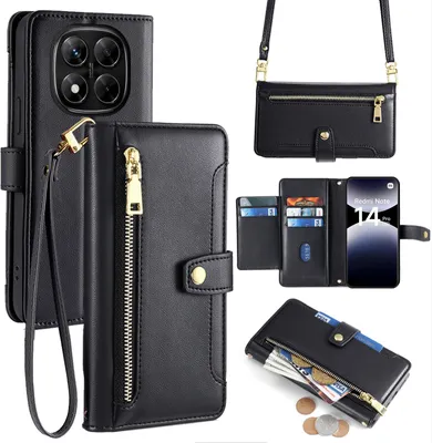 Produktbild von Handykette Xiaomi Redmi Note 14 Pro 5G Hülle mit Band Handyhülle Kartenfächer Kunstleder Umhängetasche in Schwarz