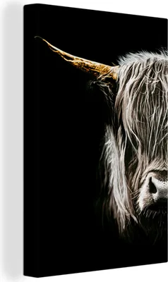 Produktbild von OneMillionCanvasses® - Leinwandbilder - 90x140 cm, Schottisches Hochlandrind - Porträt - Hoorn, Wandbilder Wohnzimmer Hochland Rind - Tier Wanddekoration - Hochland Rind - Kuh - Gemälde auf Holzrahmen  - Wandschmucke - Schlafzimmer