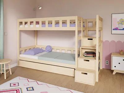 Produktbild von Etagenbett PLOTTY mit Treppen und Stauraum 90x200 cm – Transparente Wachslasur matt – Links – Aufbewahrungsschublade