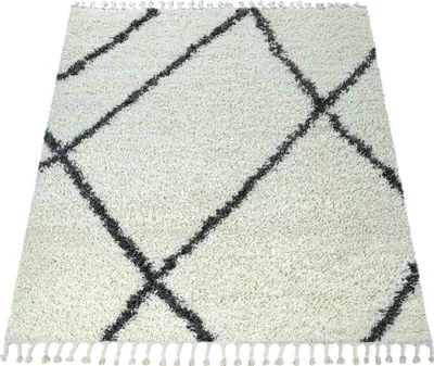Produktbild von Hochflor Teppich Wohnzimmer Shaggy Fransen Rauten Skandi Muster Creme Grau Grösse 60x100 cm