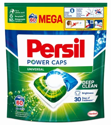 Zdjęcie produktu dla Persil A60 Power Uniwersalne kapsułki do prania, 60 dawek – kapsułki do prania Persil do pralki, zapewniające czystą bieliznę, usuwanie plam, głęboką czystość, świeży zapach, przeznaczone do prania kolorowych i uniwersalnych tkanin, opakowanie ekonomiczne, idealne do domu i codziennego użytku