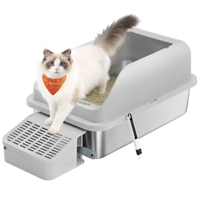 Produktbild von Feandrea Katzenklo Edelstahl, Katzentoilette, offenes Design, mit hohen Seitenwänden, Trittstufe, Schaufel, Bürste, für Katzen bis zu 15 kg