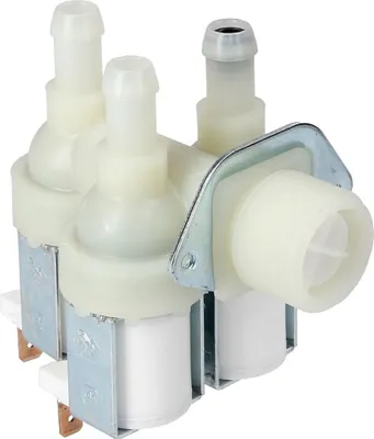 A close-up studio shot of a water inlet valve for a washing machine.