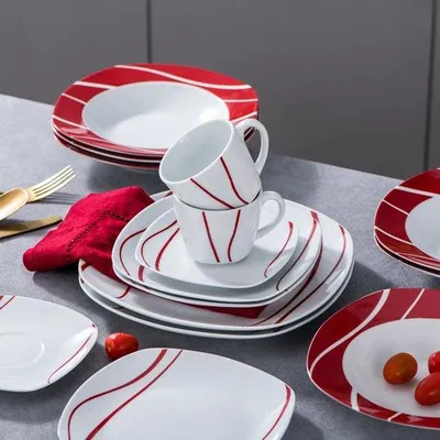 Obrázok produktu pre Elegantná 3-dielna porcelánová súprava s príborom, biela s červeným