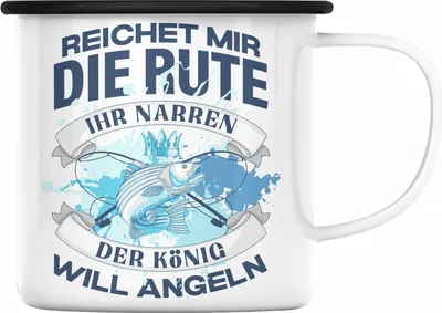 Produktbild von Trendation - Angler Emaille Tasse Geschenk Männer Spruch Lustig für Fischer Geschenkidee Angeln Becher (Schwarz)