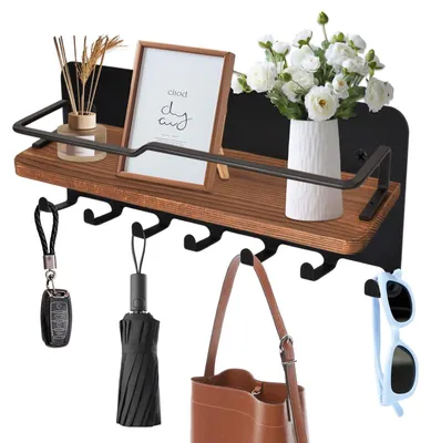 Produktbild von Schlüsselbrett mit Ablage und 6 Schlüsselhaken, Wandorganizer aus Holz und Metall für Eingangsbereich, Flur, Schlafzimmer, Wohnzimmer.