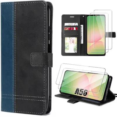 Image de Coque + 2 Verres Trempés pour Samsung Galaxy A56 5G, Protection Rabat Cuir Synthétique Antichoc Bicolore Bleu/Noir