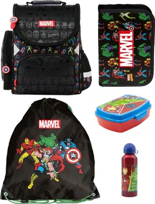 Produktbild von 5tlg AVENGERS Schulranzen set Rucksack Federtasche Sportbeutel Trinkflasche Brotdose MARVEL set fur jungen