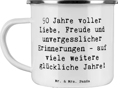 Produktbild von Mr. & Mrs. Panda Teetasse Spruch 90. Geburtstag Liebe Freude - Weiß - Geschenk, Emaille Tasse, Pott, Geburtstagsjubilar, Teebecher, 90 Jahre, unvergessliche Erinnerungen