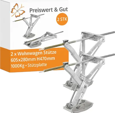 Produktbild von 2x Wohnwagen Stützen Ausdrehstütze mit Stützplatte 605x280mm – Kurbelstützen für Wohnmobil & Anhänger Stahl, 1000kg