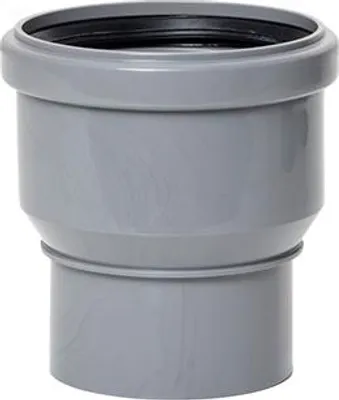 A gray plastic pipe adapter with a black rubber seal.